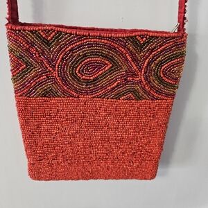 Hand-Beaded Red Crossbody Bag with Multicolor Accent